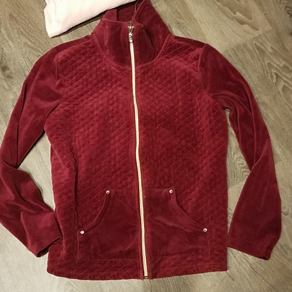 Velour Onque Casuals Quilted Crimson Jacket Front Zip Up Mock Neck Festive Small